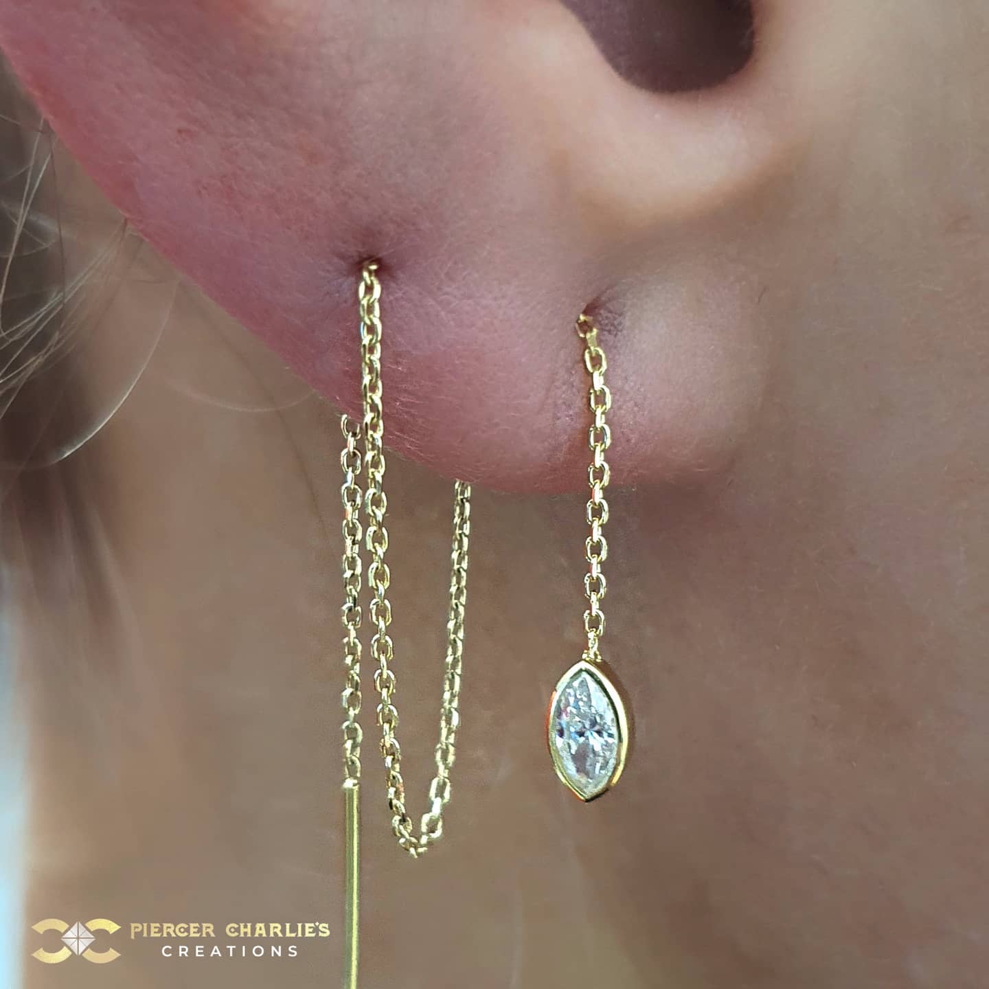 Stunning Threader Chain through two Lobe Piercings